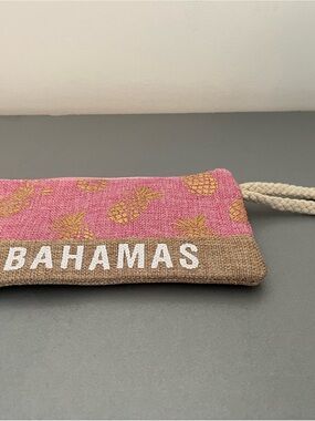Bahamas Souvenir Pink Jute Burlap Pineapple Wristlet Cosmetic Bag